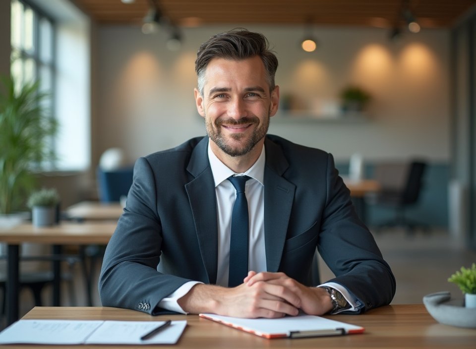 equipe profissional de vendas em escritório moderno, ambiente corporativo com móveis contemporâneos, pessoas em traje executivo, iluminação natural